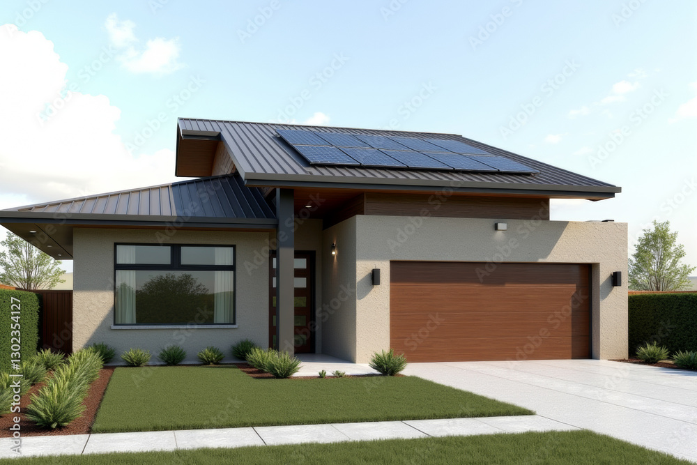 A Modern Sustainable house with sleek solar panels integrated into a flat roof, framed by minimalist landscaping. A Modern Sustainable house with sleek solar panels integrated into a flat roof, framed by minimalist landscaping.