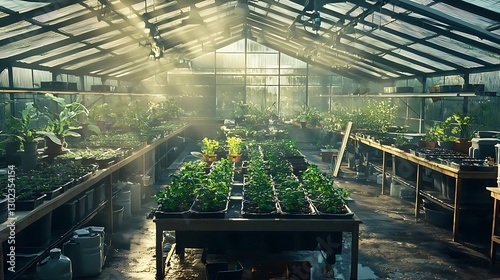 Sunlit greenhouse cultivating seedlings and various plant species in controlled environment
