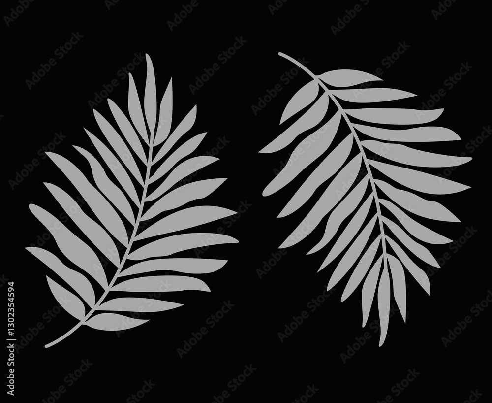 Fototapeta premium Abstract botanical composition collage with palm leaf plant silhouettes in grey with a black background