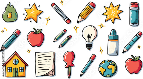 Set doodle school different Elements, objects  isolated on Transparent Background