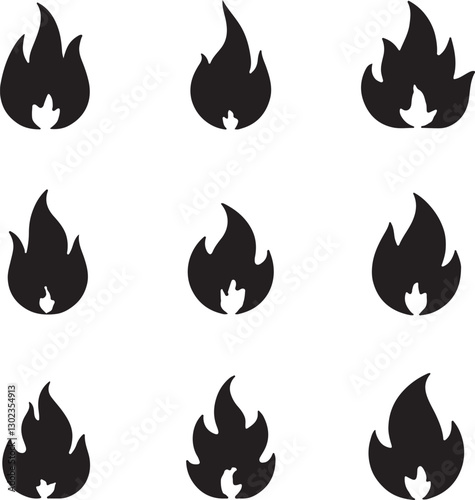 Create a fire icon set vector art silhouette with white background.