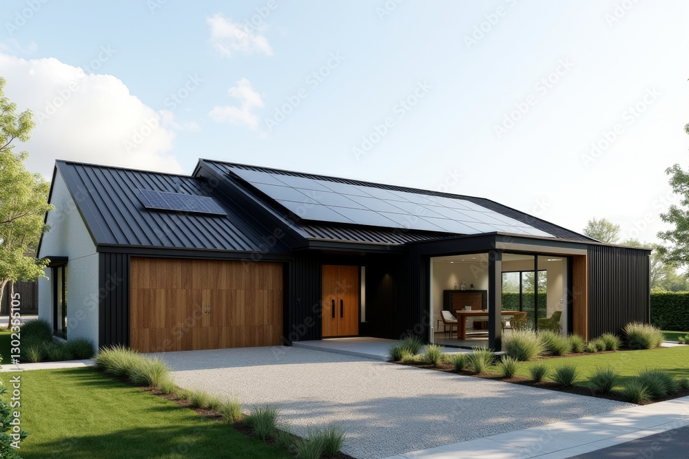 A Modern Sustainable house with sleek solar panels integrated into a flat roof, framed by minimalist landscaping. A Modern Sustainable house with sleek solar panels integrated into a flat roof, framed by minimalist landscaping.