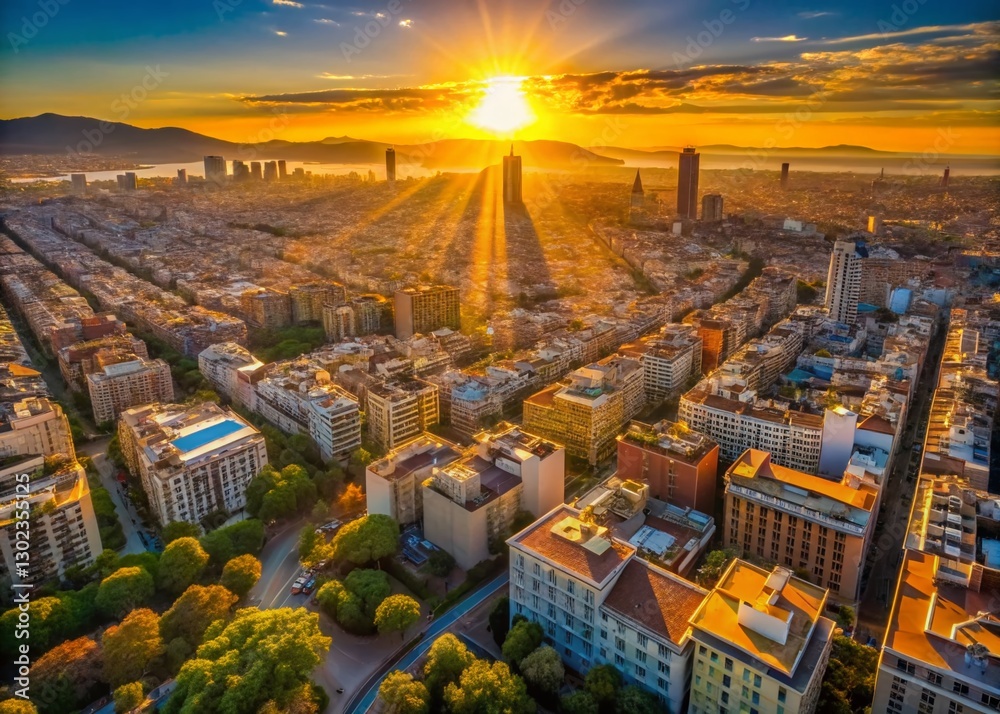 Naklejka premium Barcelona Sunrise Timelapse: Aerial View of Downtown, August 2017