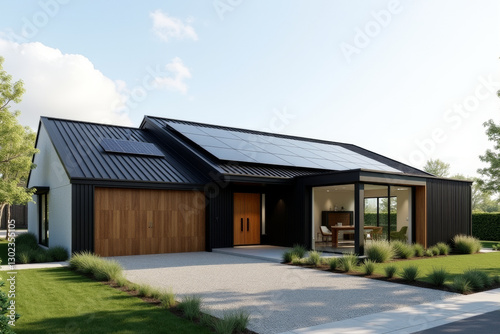 Wallpaper Mural A Modern Sustainable house with sleek solar panels integrated into a flat roof, framed by minimalist landscaping. Torontodigital.ca