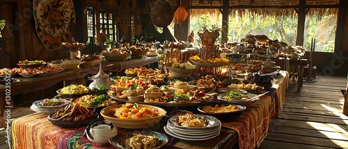 Extravagant buffet spread with diverse dishes in rustic setting ambiance