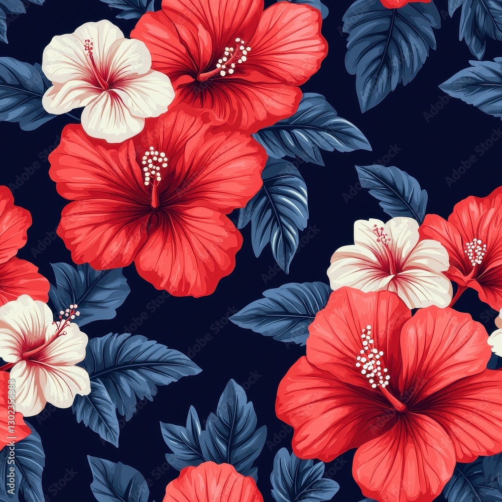 Obraz premium A vibrant pattern featuring red and white hibiscus flowers surrounded by dark green leaves on a deep navy background.