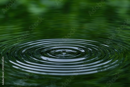 Water drop creating ripples on a green water surface. Concept of nature, tranquility, and zen.