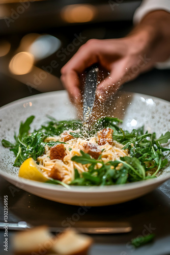 Wallpaper Mural Culinary art, Close-up on chef adding parmesan to spaghetti dish with arugula and croutons, showcasing pasta preparation and gourmet food plating techniques Torontodigital.ca