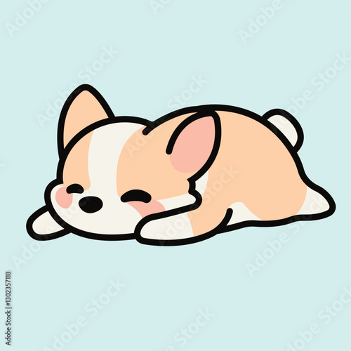 Adorable Cute Corgi Sleeping with Stretched Paws and Wiggling Tail on a Soft Pastel Background