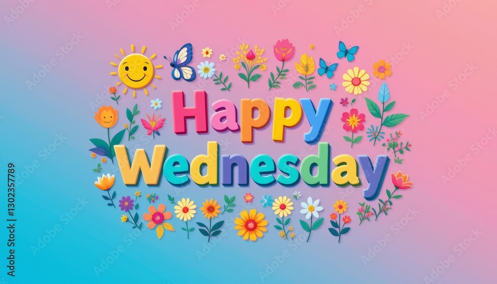 Colorful Happy Wednesday Text Surrounded by Flowers and Butterflies Illustration