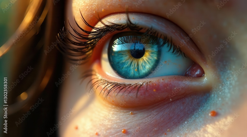 Close-up view of a person's eye, showcasing vibrant blue iris, detailed eyelashes, and subtle skin texture in warm light