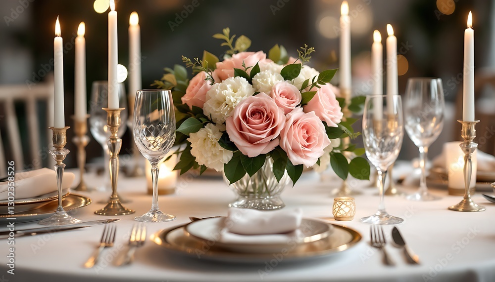 Elegant Table Setting with Roses, Candles, and Wine Glasses Elegant Table Setting with Roses, Candles, and Wine Glasses
