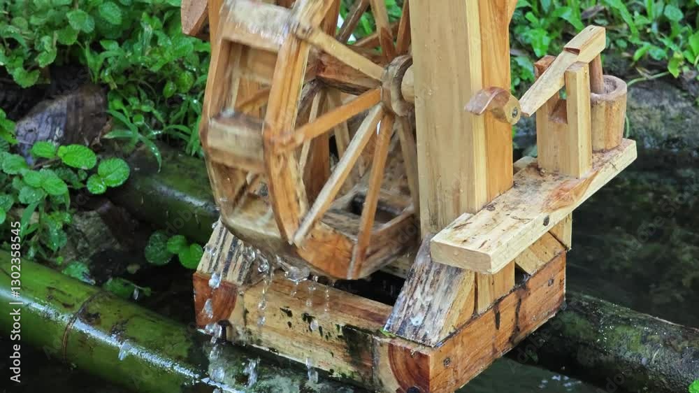 Small wooden water turbines in public places. Small wooden water turbines in public places.