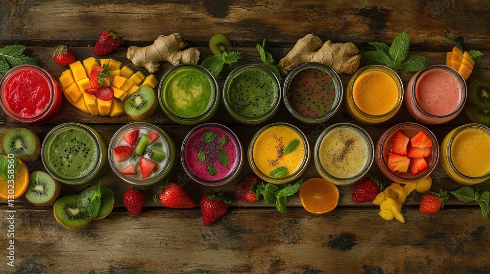 Colorful fruit smoothies on wood, healthy food, overhead shot, website banner Colorful fruit smoothies on wood, healthy food, overhead shot, website banner