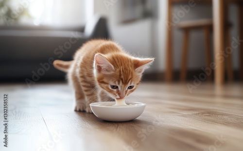Adorable Orange Tabby Kitten Enjoying Milk from a White Bowl on a Warm Wooden Floor in a Cozy Indoor Setting