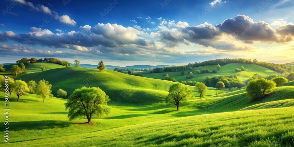 Serene landscape with rolling hills and lush green trees stretching towards the sky on a warm sunny day, rolling hills, peaceful landscape