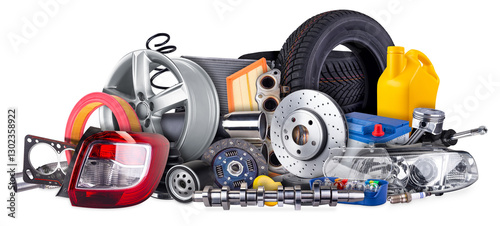 huge stack pile of  car parts including wheels, tires, filters, and engine components isolated  white background. automotive vehicle repair and service industry concept.