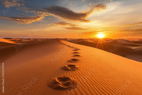 Breathtaking desert landscape with golden dunes illuminated by the early morning sun, creating a dramatic natural scene photo