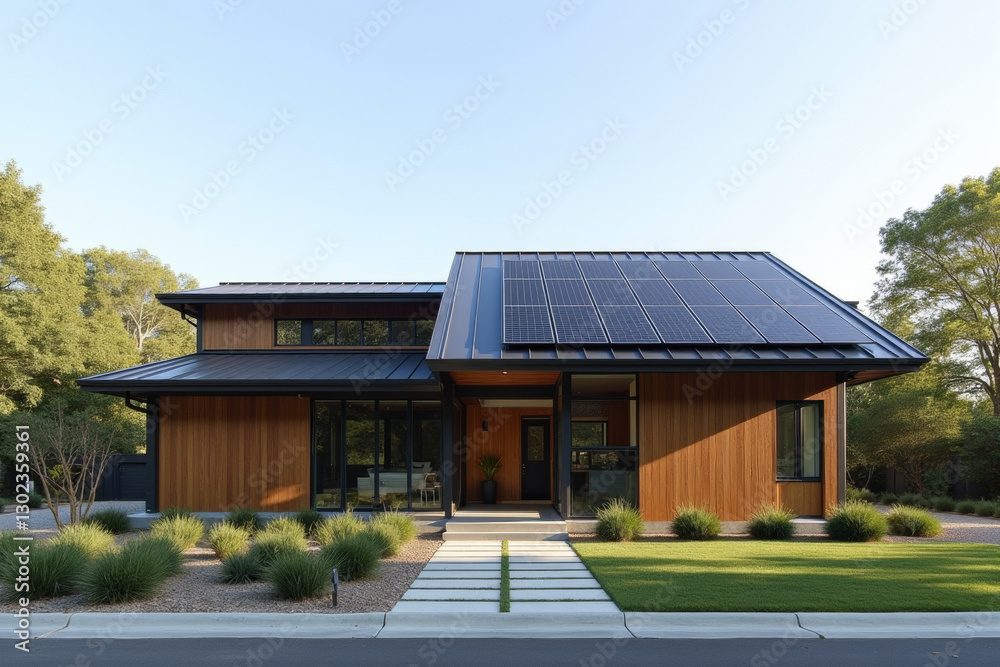 A Modern Sustainable house with sleek solar panels integrated into a flat roof, framed by minimalist landscaping. A Modern Sustainable house with sleek solar panels integrated into a flat roof, framed by minimalist landscaping.