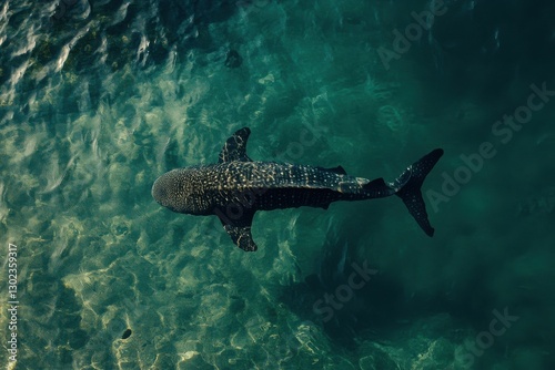 Aerial View of a Massive Whale Shark Swimming Peacefully in Open Water Captured with a Wide Angle Lens for Stunning Clarity and Detail