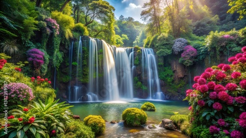 Majestic waterfall cascading down a lush greenery surrounded by tall trees and vibrant flowers