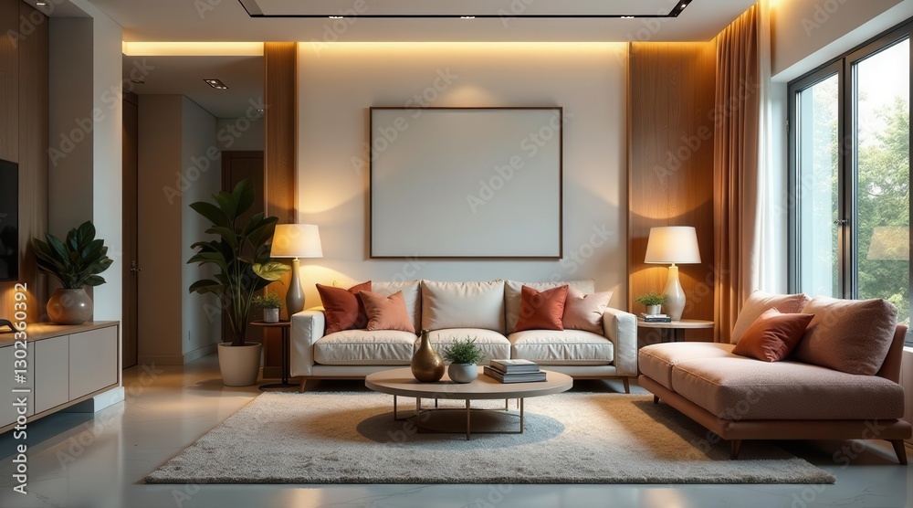 Fototapeta premium Warm Evening Glow in a Modern Living Room with Elegant Furniture and Decor
