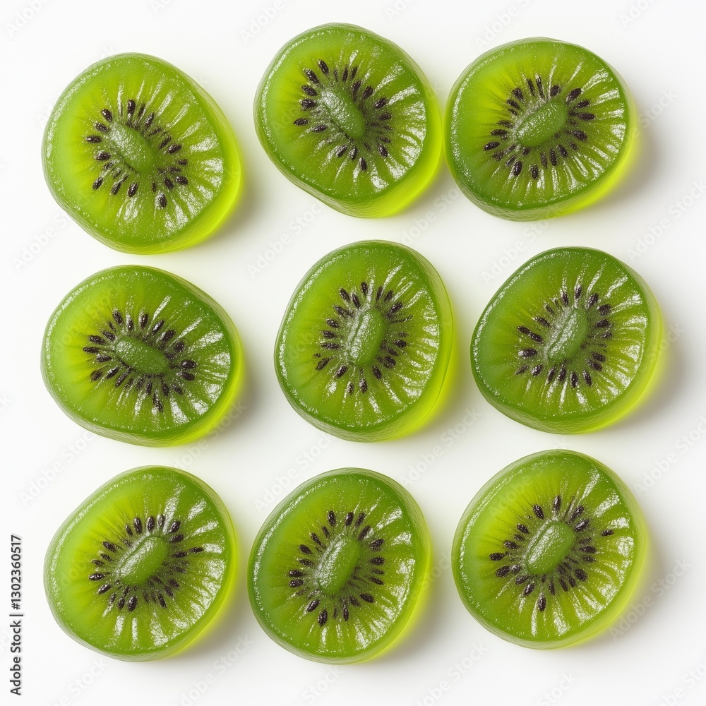 Fototapeta premium Kiwi slice shaped gummy candy kiwi fruity flavor for kids snack on white background