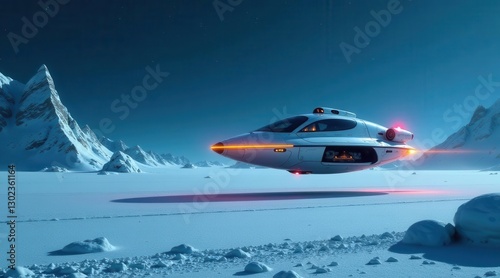 Wallpaper Mural Futuristic spacecraft glides silently across a pristine, snow-covered expanse, leaving a faint trail in its wake, under a twilight sky, amidst a range of majestic snow-capped peaks. Torontodigital.ca