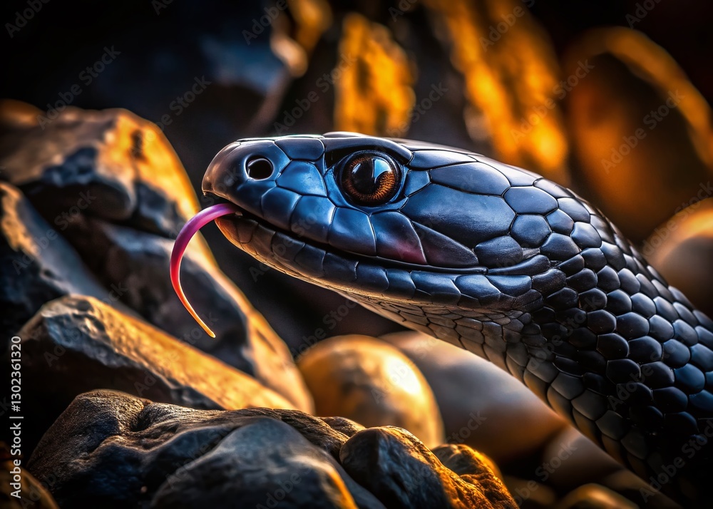 Obraz premium Black Mamba Snake Head Silhouette Close-Up, Venomous Reptile Crawling Rocks
