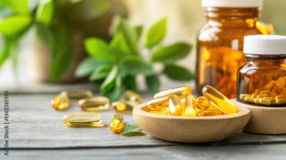 Assorted Dietary Supplements with Capsules and Softgels on Wooden Surface Assorted Dietary Supplements with Capsules and Softgels on Wooden Surface