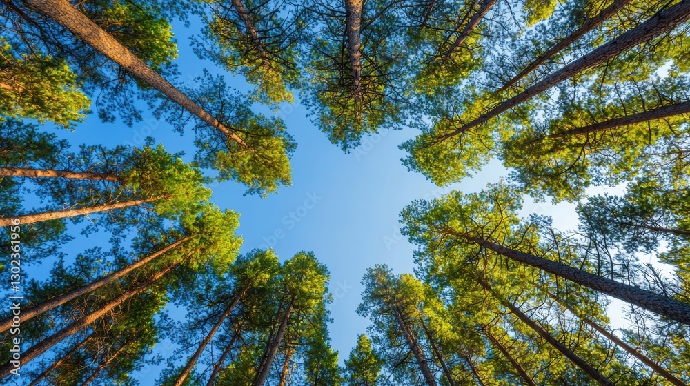 Fototapeta premium Looking up at the sky through tall pine trees in a forest. Nature background.