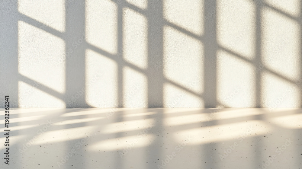 Naklejka premium serene interior space with soft shadows cast on light colored wall and floor, creating calming atmosphere. interplay of light and shadow adds depth and texture to scene