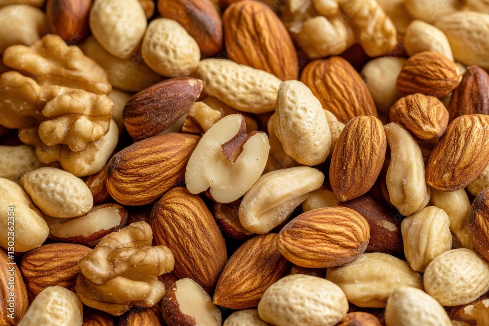 Assorted Nuts Including Almonds, Walnuts, and Peanuts Close Up Texture Background Assorted Nuts Including Almonds, Walnuts, and Peanuts Close Up Texture Background