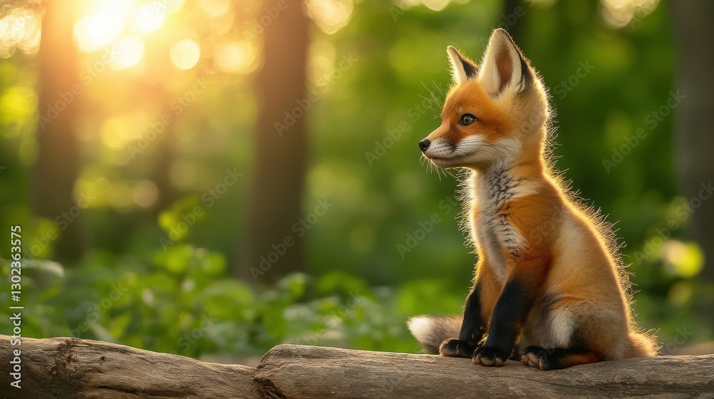 Fototapeta premium Adorable Red Fox Kit Sitting on Log in Sunlit Forest Background