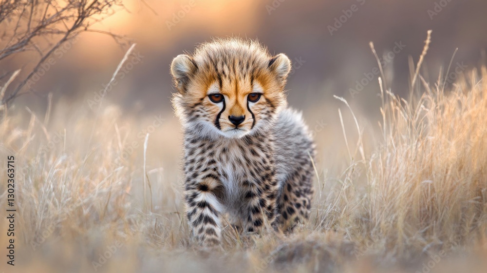 Obraz premium Adorable Cheetah Cub Exploring Natural Habitat in Soft Light