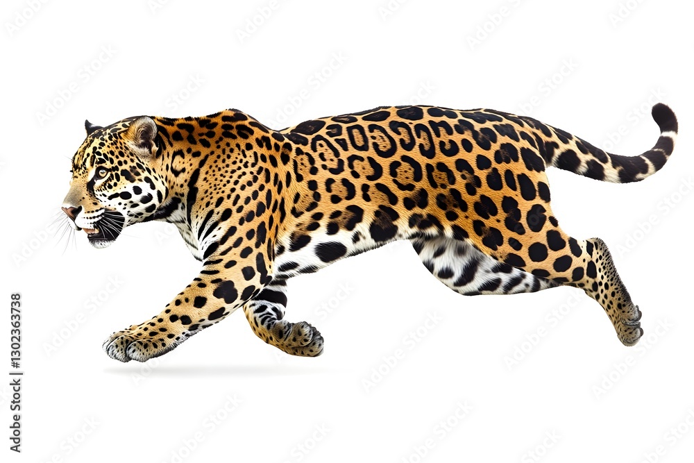 Obraz premium A Leaping Jaguar with Powerful Physique Seen from the Side Against a Clean White Background with