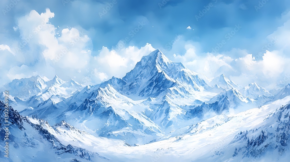 Obraz premium Watercolor dreamy landscape of a snow-covered mountain range with a clear blue sky