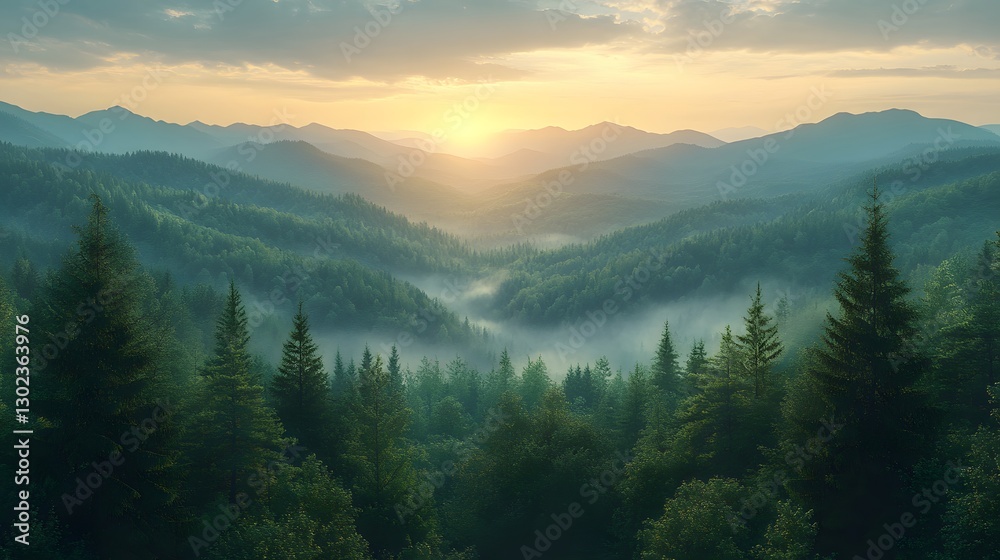 Obraz premium 3D vibrant composition of a panoramic view of rolling hills and dense forests