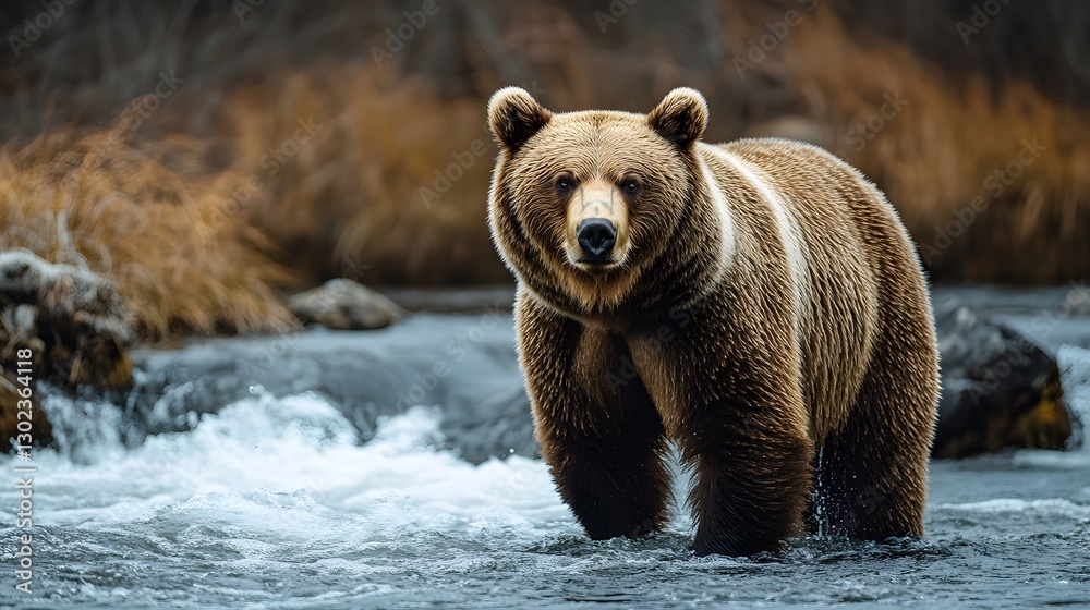 Fototapeta premium 3D striking visual of a bear standing near a rushing river, surrounded by wilderness