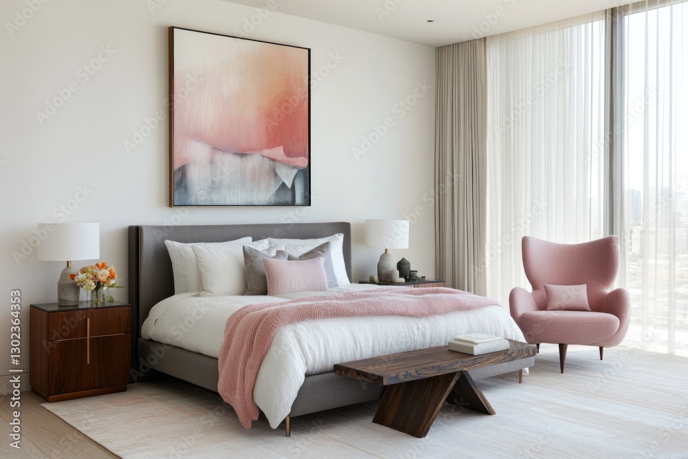 Fototapeta premium Modern bedroom with pink armchair, large bed, and abstract art. (1)