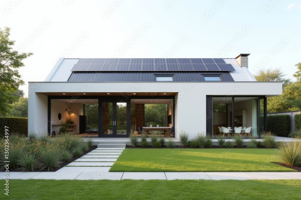 A Modern Sustainable house with sleek solar panels integrated into a flat roof, framed by minimalist landscaping. A Modern Sustainable house with sleek solar panels integrated into a flat roof, framed by minimalist landscaping.