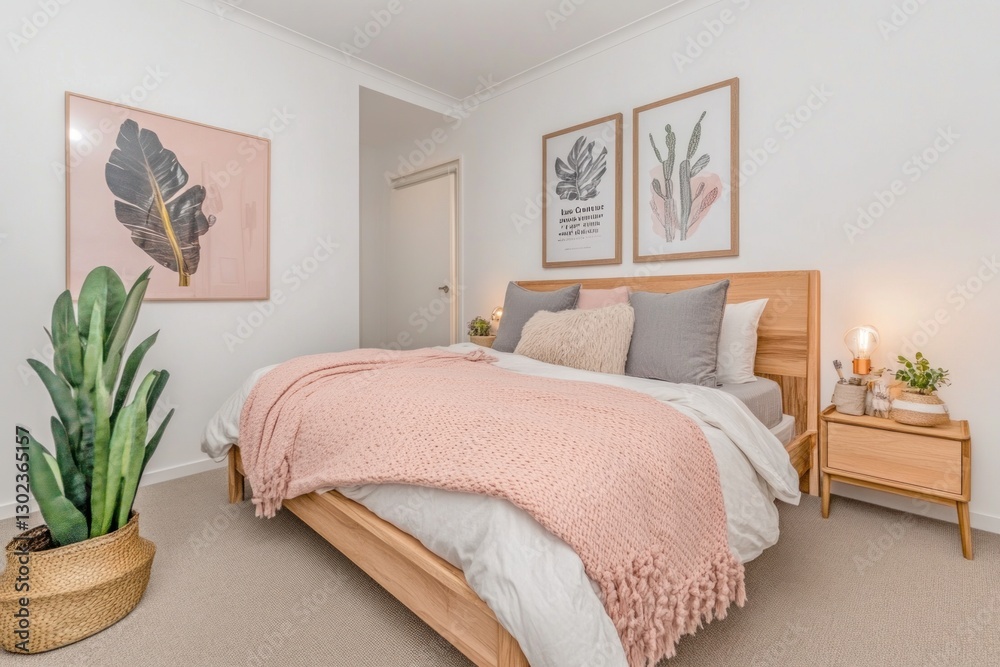 Naklejka premium Modern bedroom with pink blanket, wooden bed, and plants.