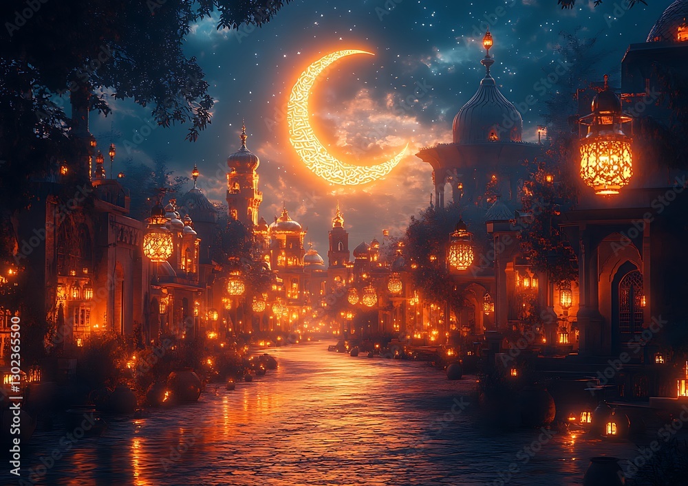Fototapeta premium Vibrant City at Night with Glowing Lanterns and Crescent Moon