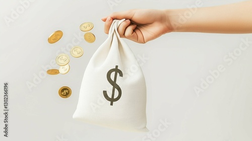 3D illustration of a money bag with dollar bills symbolizing wealth, finance, and investment in a business and economic context
