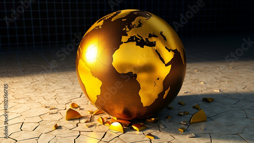A CGI rendering of a gold-colored, cracked, and broken Earth globe, with a grid overlay and fragmented continents. The background is a dark blue grid, and the ground is cracked and broken, 