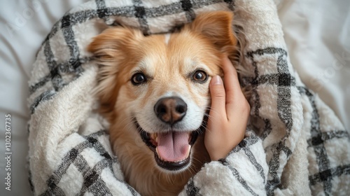 Golden Retriever lounges on a checkered white blanket, tongue lolling out in blissful yawn against a sunlit backdrop photo