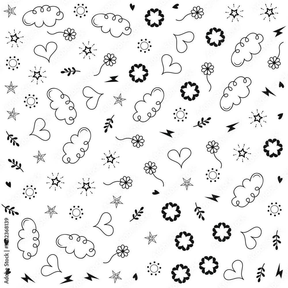 Fototapeta premium Love in the Sky – Heart, Star, Cloud & Floral Doodle Pattern with Playful Charm