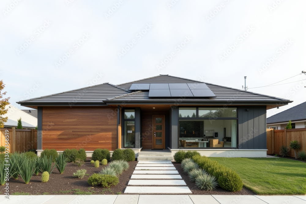 A Modern Sustainable house with sleek solar panels integrated into a flat roof, framed by minimalist landscaping. A Modern Sustainable house with sleek solar panels integrated into a flat roof, framed by minimalist landscaping.