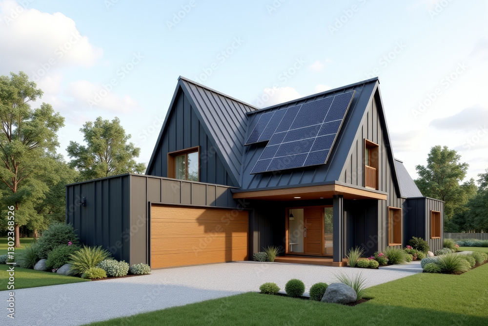 A Modern Sustainable house with sleek solar panels integrated into a flat roof, framed by minimalist landscaping. A Modern Sustainable house with sleek solar panels integrated into a flat roof, framed by minimalist landscaping.