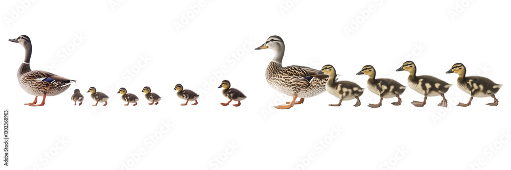 Set of ducks and ducklings walking in a line, isolated on a transparent background. Set of ducks and ducklings walking in a line, isolated on a transparent background.